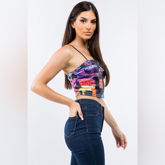 Bear Dance Vegas Light Neon Sign Influencer Printed Satin Sleeveless Crop Top - Picture 6 of 6